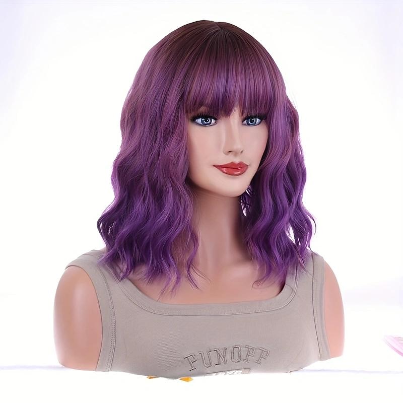 Shoulder Length Water Wave Wigs Synthetic Wigs With Bangs For Women, Fashionable For Daily Use Party Cosplay3