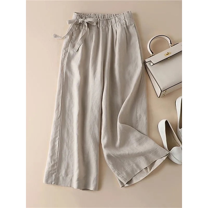 Women's Wide Leg Cropped Pants Vacation Vintage Casual Ankle-Length High Waist Solid Color Drawstring Elastic Waist Breathable Comfortable Micro-elastic Outdoor Street Daily ArmyGreen Maroon Red hemp2