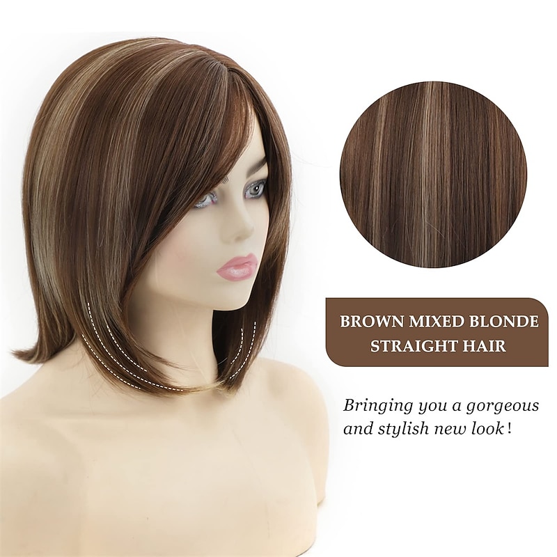 Short Brown Mixed Blonde Bob Wigs for White Women Shoulder Length Synthetic Hair Wigs with Side Bangs Straight Blonde Highlights Women's Bob Wig3
