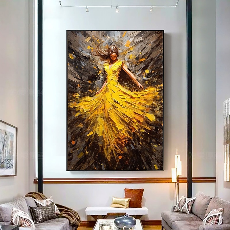 Handmade Oil Painting Canvas Wall Art Decoration Abstract Figure Portrait Dancing Girls in Yellow Dresses for Home Decor Rolled Frameless Unstretched Painting