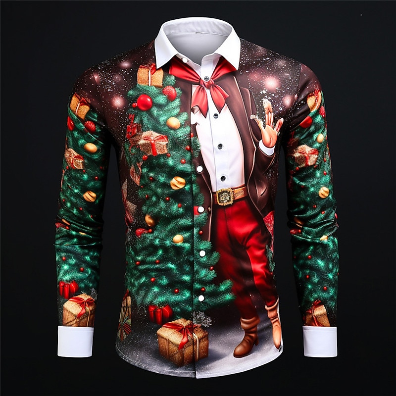 Christmas Men's Santa Claus Printed Shirts Santa Claus Casual Daily Wear Going out Fall & Winter Turndown Long Sleeve White, Army Green, Red S, M, L 4-Way Stretch Fabric Shirt2