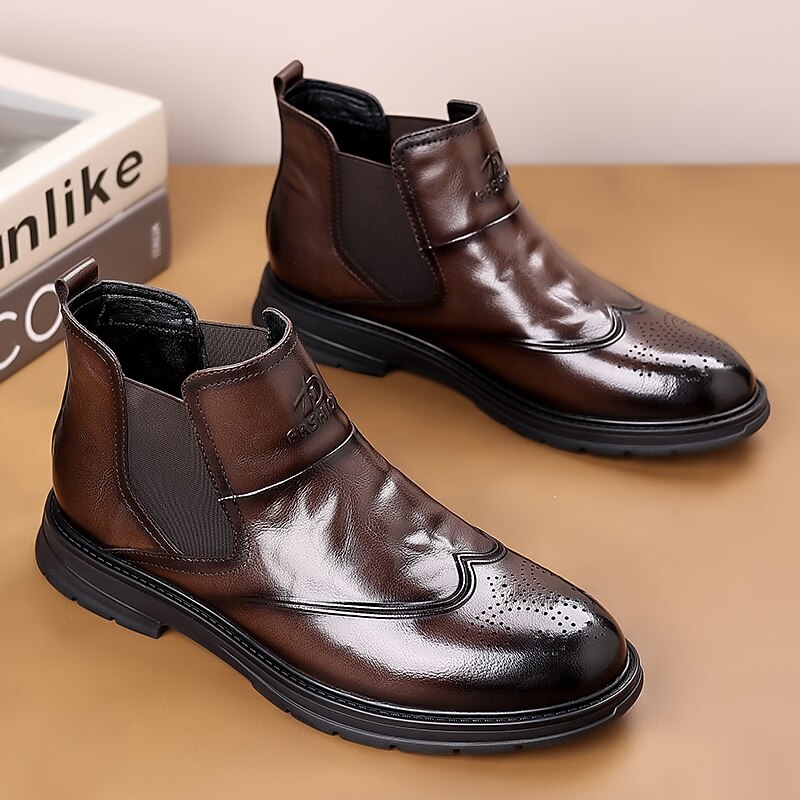 Men's Brown Faux Leather Chelsea Boots with Wingtip Design - Stylish and Comfortable Footwear for Business and Casual Wear2