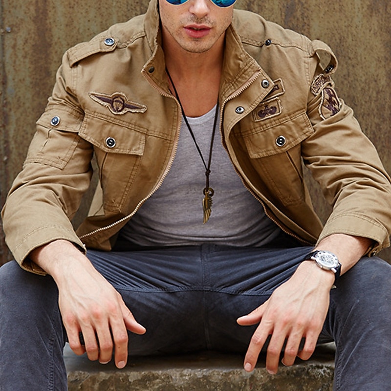 Men's Bomber Jacket Varsity Jacket Tactical Jacket Outdoor Daily Wear Pocket Spring &  Fall Plain Fashion Streetwear Standing Collar Regular Black Khaki Army Green Jacket2