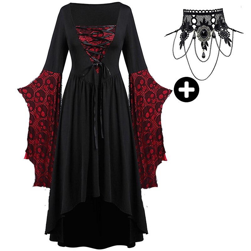 Sets with Medieval Dress with Bell Sleeves Lace Tattoo Choker Necklace 2 PCS Retro Vintage Punk Goth Style Witches Outfits Women's Cosplay Costume Carnival Party Casual Daily