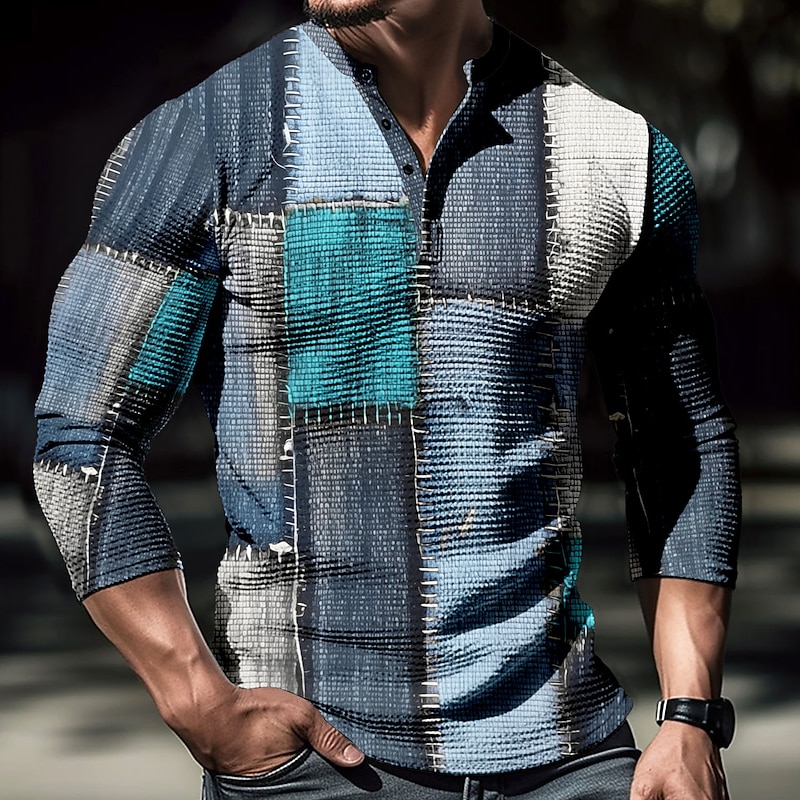 Men's Graphic Color Block Patchwork Long Sleeve 3D Print Daily Classic Outdoor Sports Outdoor Casual Holiday Fall Yellow Blue Henley Henley T-Shirt2