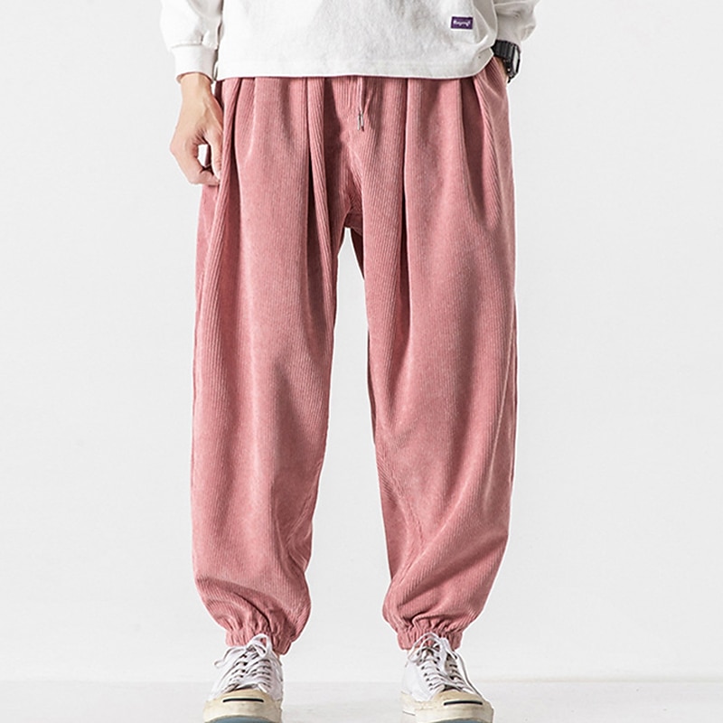 Men's Sweatpants Corduroy Pants Carrot Pants Pocket Drawstring Elastic Waist Plain Comfort Breathable Outdoor Daily Going out Fashion Casual Black Pink2