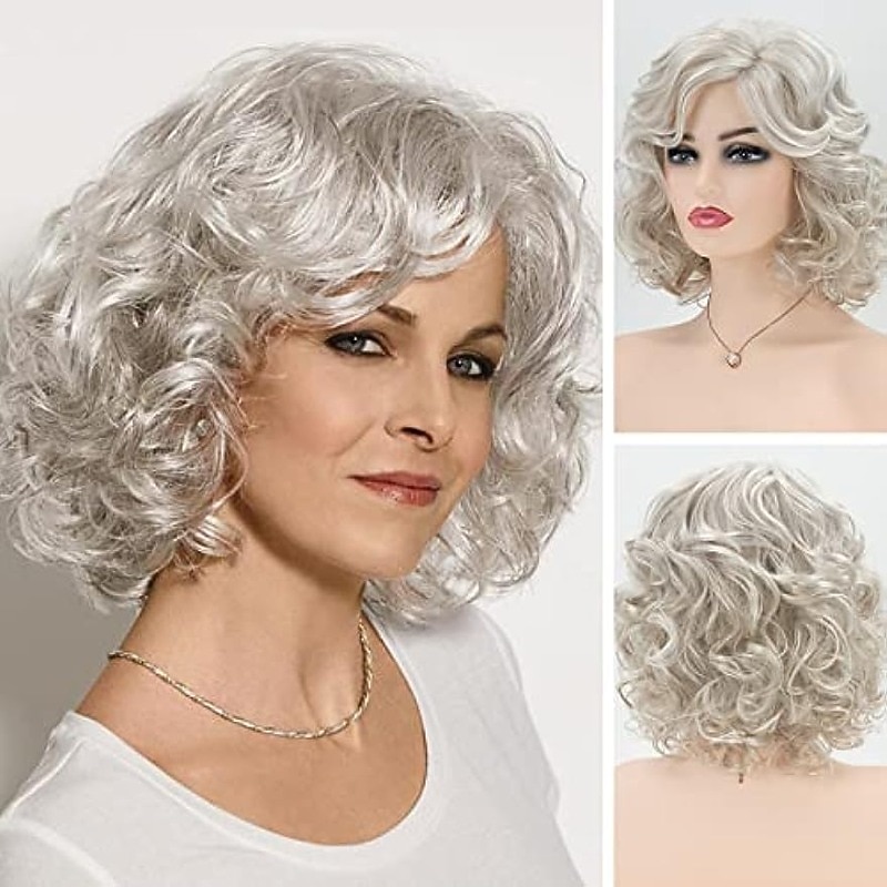 Gray Curly Short Wigs for White Women Silver White Mixed Brown Wavy Bob Wig with Bangs Synthetic Hair Replacement Wig Christmas Party Wigs