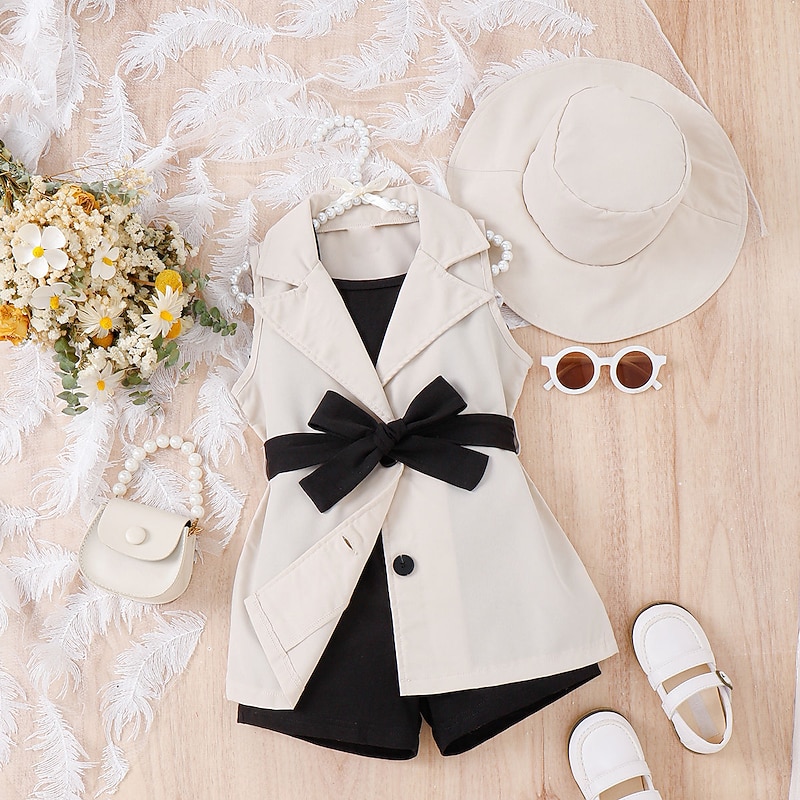 3 Pieces Toddler Girls' Solid Color Dress Set Set Sleeveless Active School 3-7 Years Spring Black Pink Blue2