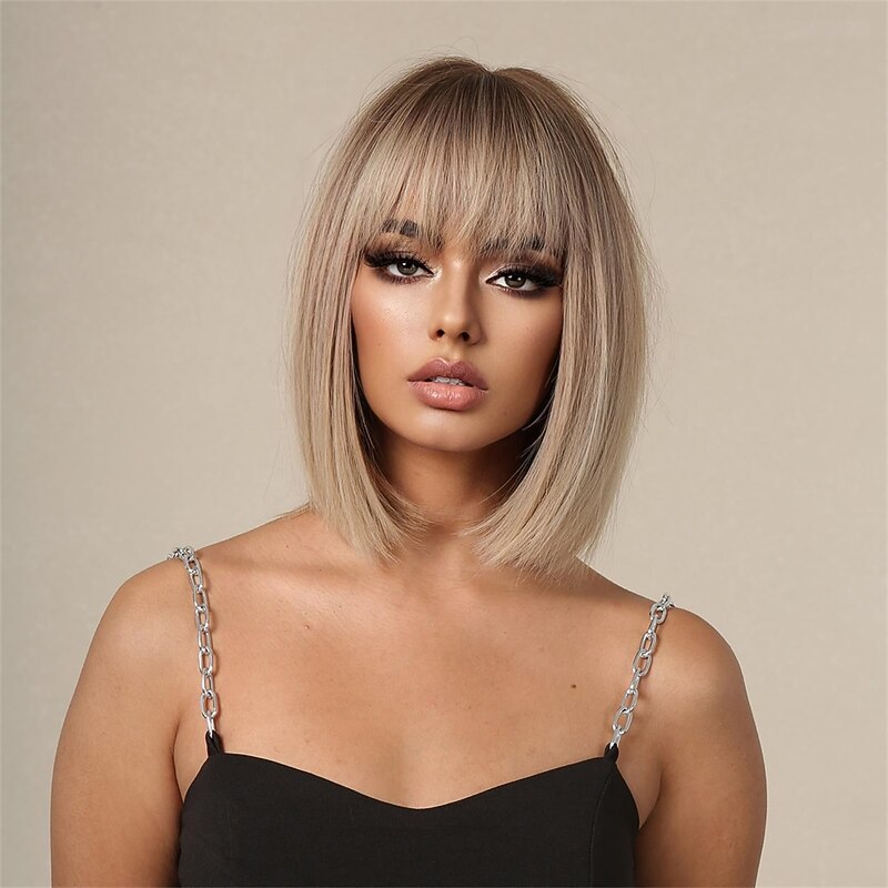 Prreey Bob Wig Human Hair Women Straight Short Blonde Wig 14inch with Adjustable Tab Brown Tea Natural Color Bob Wig with Bangs for Daily (Light Brown)2
