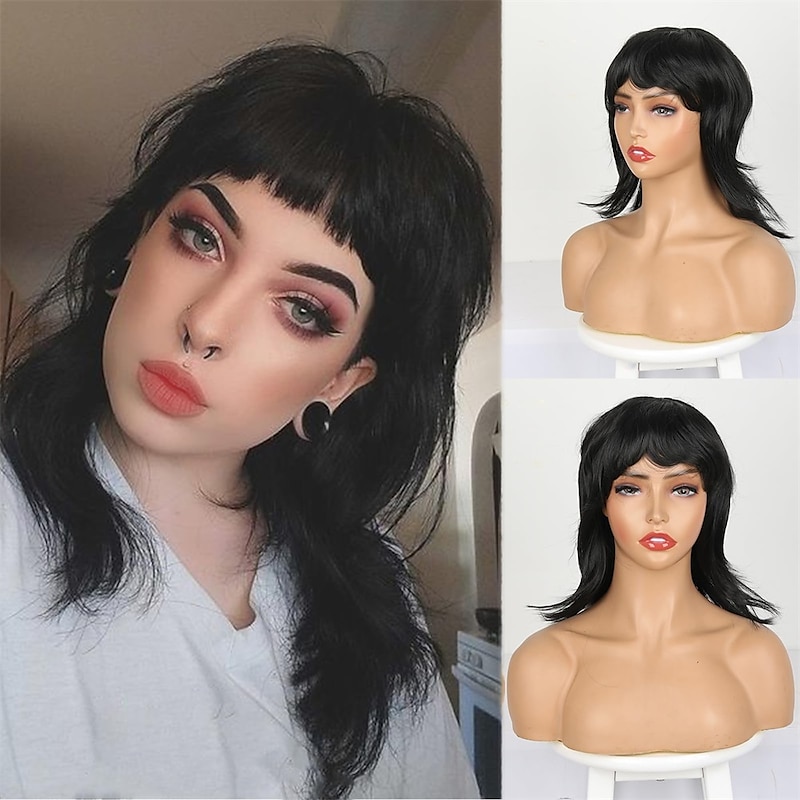 70s 80s Short Mullet Wig Pixie Cut Wig for Black Women Shaggy Layered Messy Black Wolf Haircut Wig With Bangs Straight Layered Wolf Cut for Women 14inch Daily Party Cosplay Use(Black) Halloween Wigs3