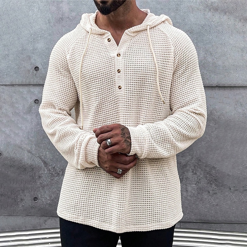 Men's Waffle Shirt T Shirt Henley Shirt Tee Top Long Sleeve Hooded Spring &  Fall Plain Fashion Designer Basic Knitted Vacation Street Going out Green khaki Beige Top Tee for Men4