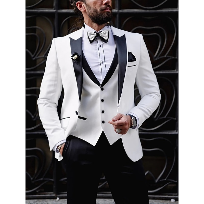 Men's Wedding Party Suits Peak Light Yellow White Solid Colored Tailored Fit 2 Piece Single Breasted One-button