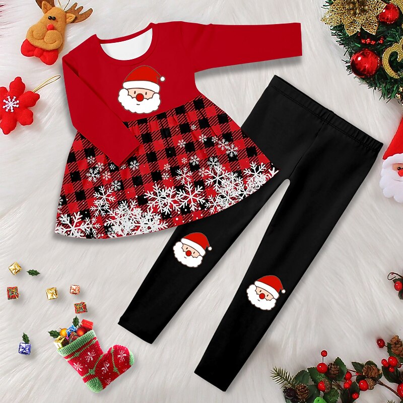 Christmas Girls' 3D Elk T-shirt & legging Ruffle Dress Set Long Sleeve 3D Print Fall Winter Active Fashion Daily Polyester Kids 3-12 Years Outdoor Date Vacation Regular Fit4