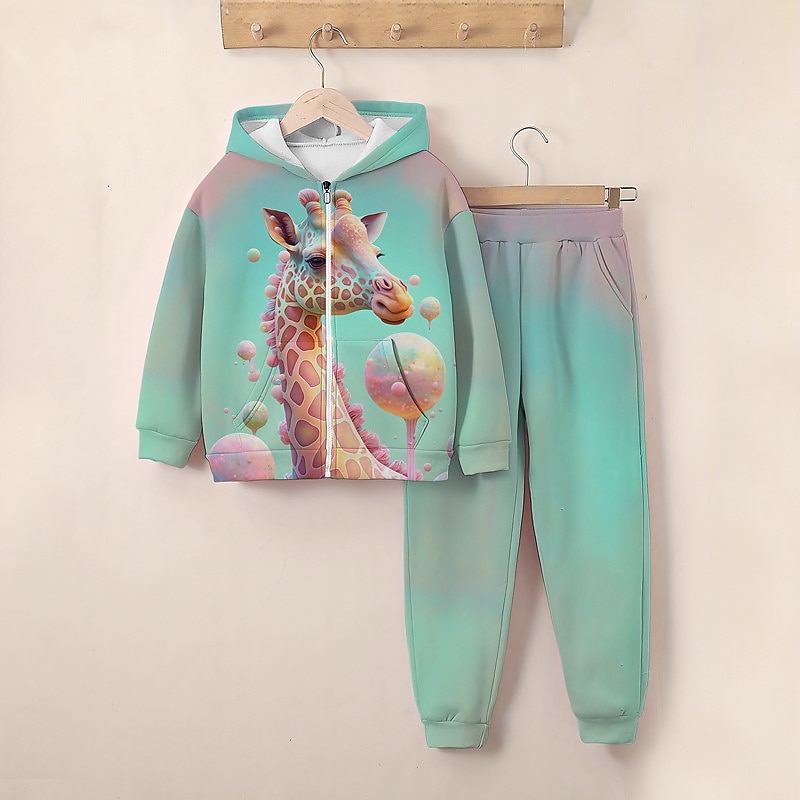 Girls' 3D Giraffe Hoodie & Sweatpants Set Long Sleeve 3D Printing Fall Winter Active Fashion Cute Kids 3-12 Years Zip Hooded Outdoor Street Regular Fit3