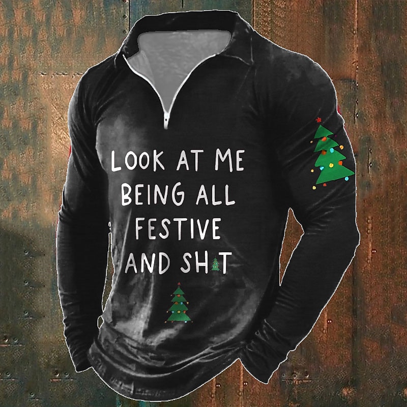 Christmas Men's Funny Christmas 3D Zipper Polo Tree Letter Casual Print 3D Zip Golf Outdoor Daily Wear Streetwear Polyester Short Sleeve Turndown Zip Shirts Black Wine Autumn / Fall S M L2