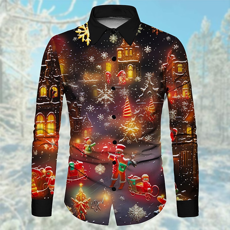 Christmas Men's Christmas Light Printed Shirts Gingerbread Pattern Casual Daily Wear Going out Fall & Winter Turndown Long Sleeve Black, Army Green, Red S, M, L 4-Way Stretch Fabric Christmas2