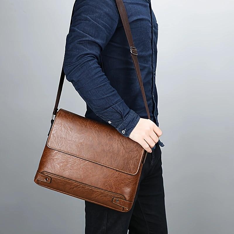 Men's Brown Faux Leather Messenger Bag - Classic Crossbody Design with Adjustable Strap, Perfect for Work or Travel3