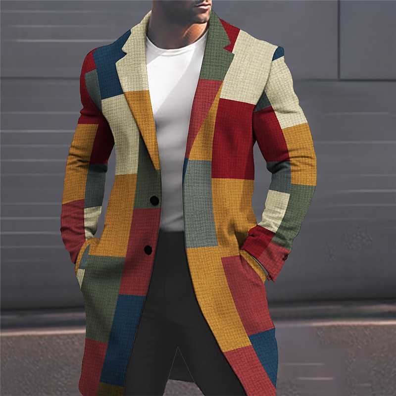 Men's Plaid Checkered Winter Coat Overcoat Coat Warm Comfortable Breathable Business Casual Work Wear to work Going out Pocket Print Fall & Winter Turndown Long Sleeve Orange khaki