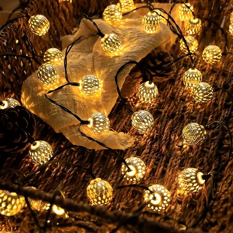 Solar Christmas Iron Ball Fairy String Lights 30/50/100LEDs Outdoor Waterproof Garden Lights New Year Xmas Wedding Party Garden Balcony Tree Hanging Lights Camping Landscape Lights4