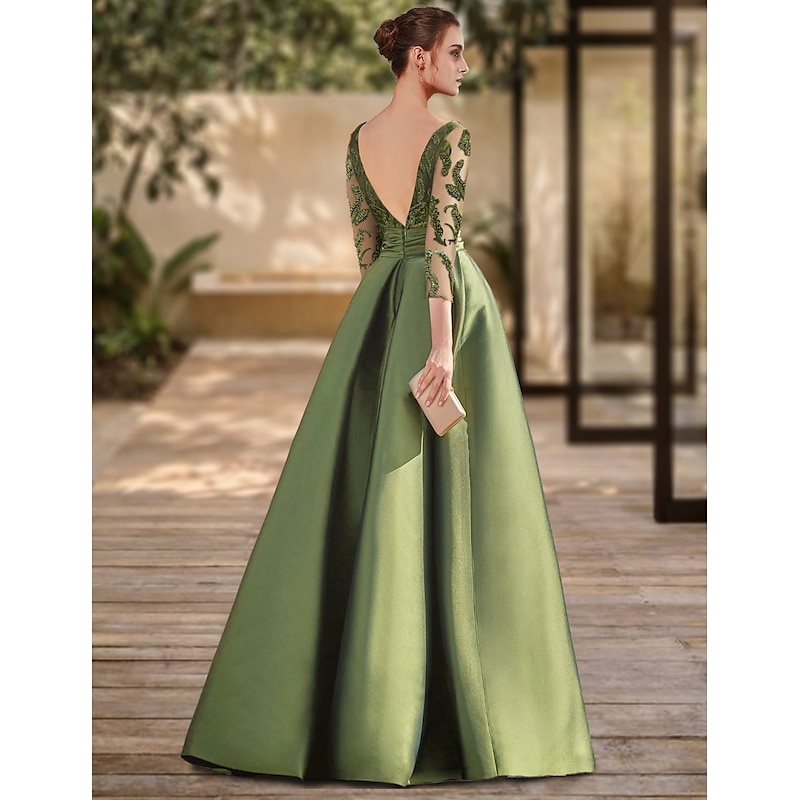 A-Line Evening Gown Open Back Dress Formal Wedding Guest Floor Length 3/4 Length Sleeve Scoop Neck Lace with Slit Strappy2