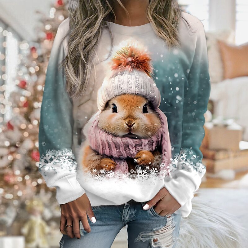 Women's  Sweatshirt Pullover  Rabbit Casual Sports Print Sportswear Festival Round Neck Long Sleeve Top Micro-elastic Fall & Winter