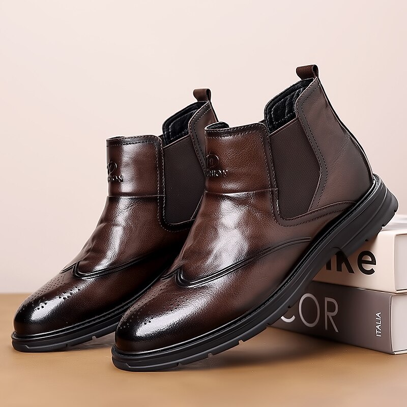 Men's Brown Faux Leather Chelsea Boots with Wingtip Design - Stylish and Comfortable Footwear for Business and Casual Wear3