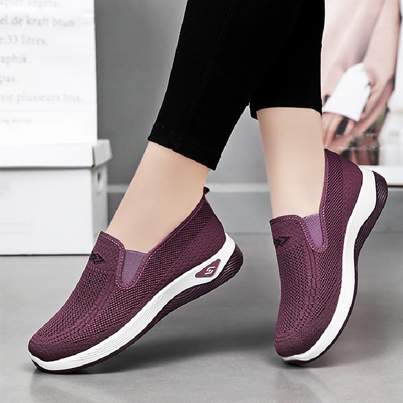 Women's Sneakers Comfort Shoes Outdoor Solid Color Summer Flat Heel Round Toe Fashion Sporty Casual Walking Tissage Volant Elastic Band Wine Black Dark Purple3