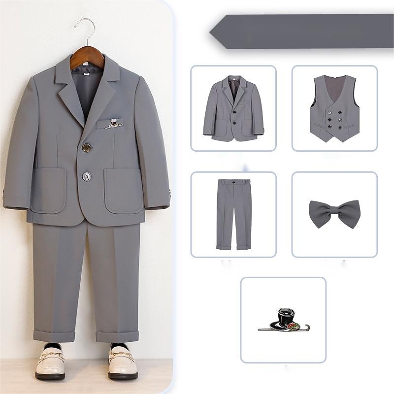 6 Pieces Kids Boys Suit & Blazer Outfit Solid Color Long Sleeve Button Set Formal Cool Fall Winter 7-13 Years Gray 5-piece set (jacket + vest + trousers + bow tie + Blue 6-piece set (shirt + jacket3
