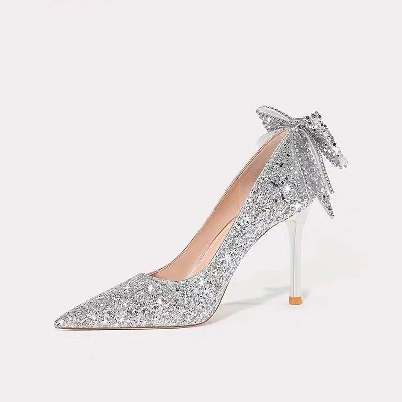 Wedding Shoes for Bride Bridesmaid Women Closed Toe Pointed Toe Silver PU Pumps With Glitter Bowknot Stiletto High Heel Wedding Party Valentine's Day Bling Bling Shoes Elegant Classic2