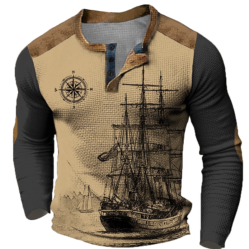 Men's Ship Nautical Compass Henley Shirt Waffle T Shirt Long Sleeve 3D Print Designer Retro Vintage Casual Sports Outdoor Holiday Festival Spring &  Fall Light Brown Blue Brown Green Gray Henley