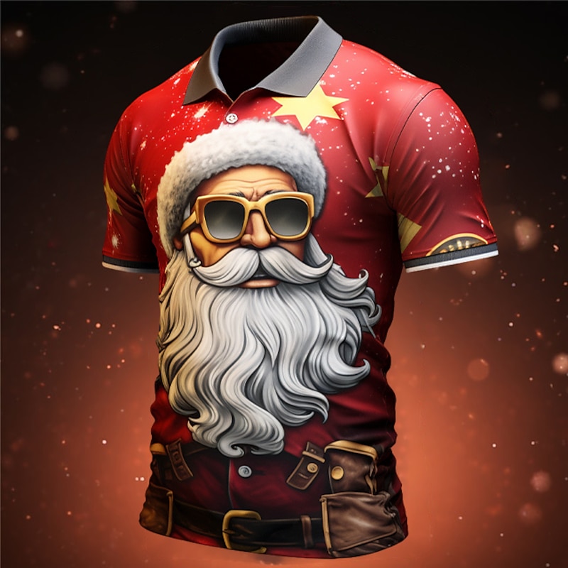 Christmas Men's Santa Claus 3D Polo Santa Claus Casual Golf Short Sleeve Outdoor Daily Wear Streetwear Autumn / Fall 3D Print Turndown Black Black / Red Red Polyester2