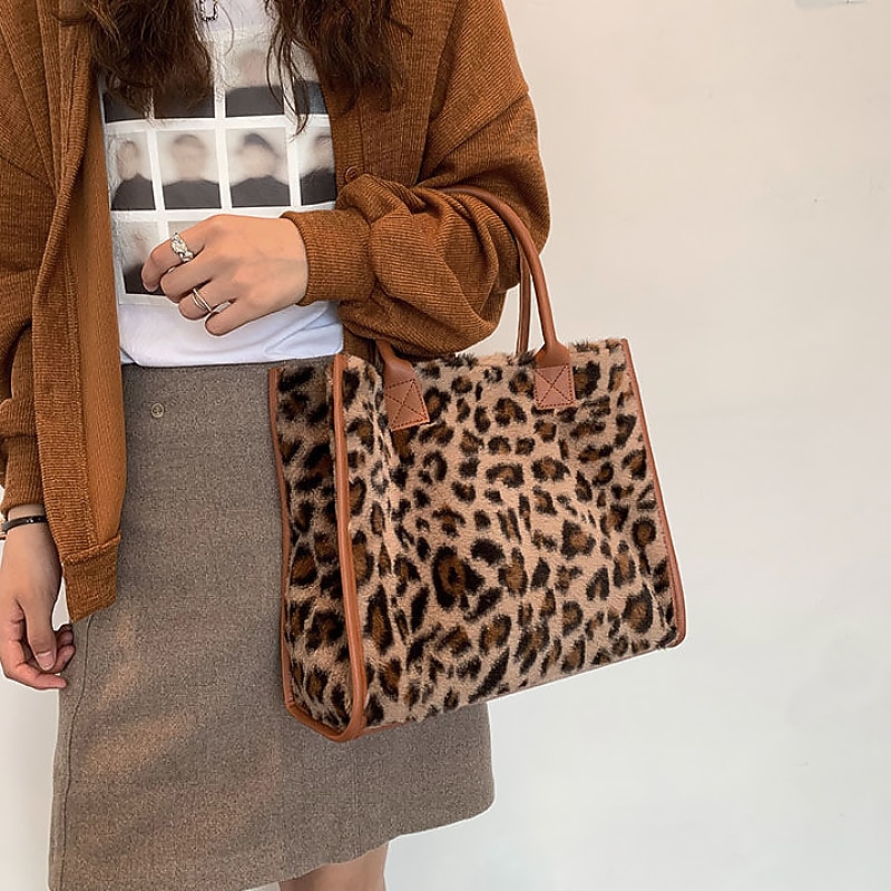 Women's Leopard Print Faux Fur Tote Bag with Brown Leather Handles - Stylish and Spacious for Daily Use2