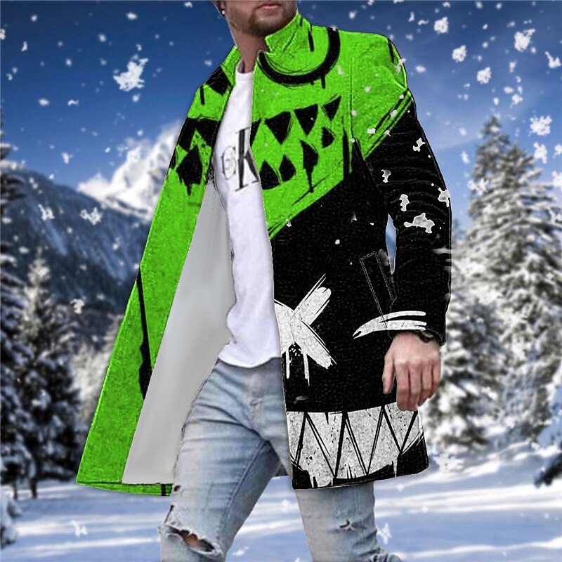 Men's Winter Coat Overcoat Coat Going out Weekend Print Fall & Winter Turndown Long Sleeve White Red Blue3