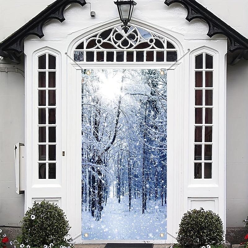 Snowy Forest Winter Door Covers Door Tapestry Door Curtain Decoration Backdrop Door Banner for Front Door Farmhouse Holiday Party Decor Supplies4