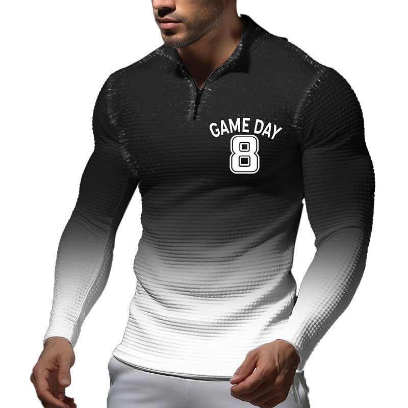 Men's Waffle Polo Shirts Long Sleeve Polo Shirts Turndown Zip Casual Daily 3D Print Fall & Winter Black And White Black White3