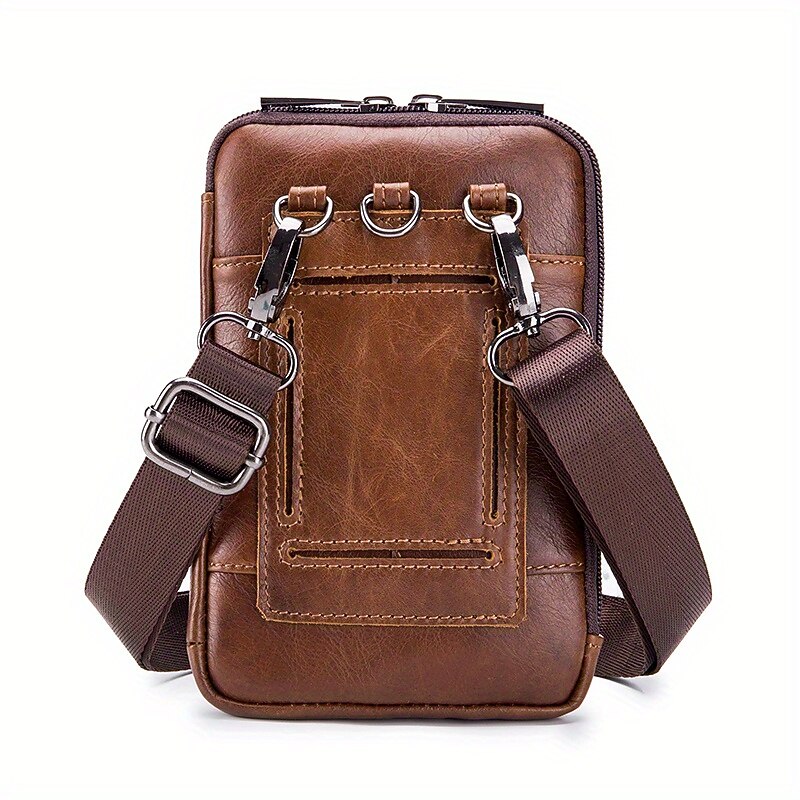Sleek Brown Leather Vertical Sling Bag - Compact Men's Crossbody Bag with Multiple Zippered Pockets, Ideal for Daily Use and Travel3