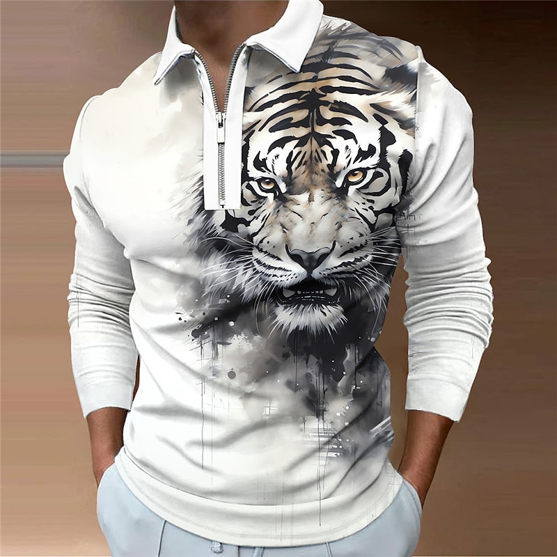 Men's Tiger Zip Polo Shirts Golf Shirt Long Sleeve Polo Shirts Collared Shirts Casual Funny Vacation Wear Party Outfits 3D Print Quarter Zip Polo Fall & Winter Yellow Gray