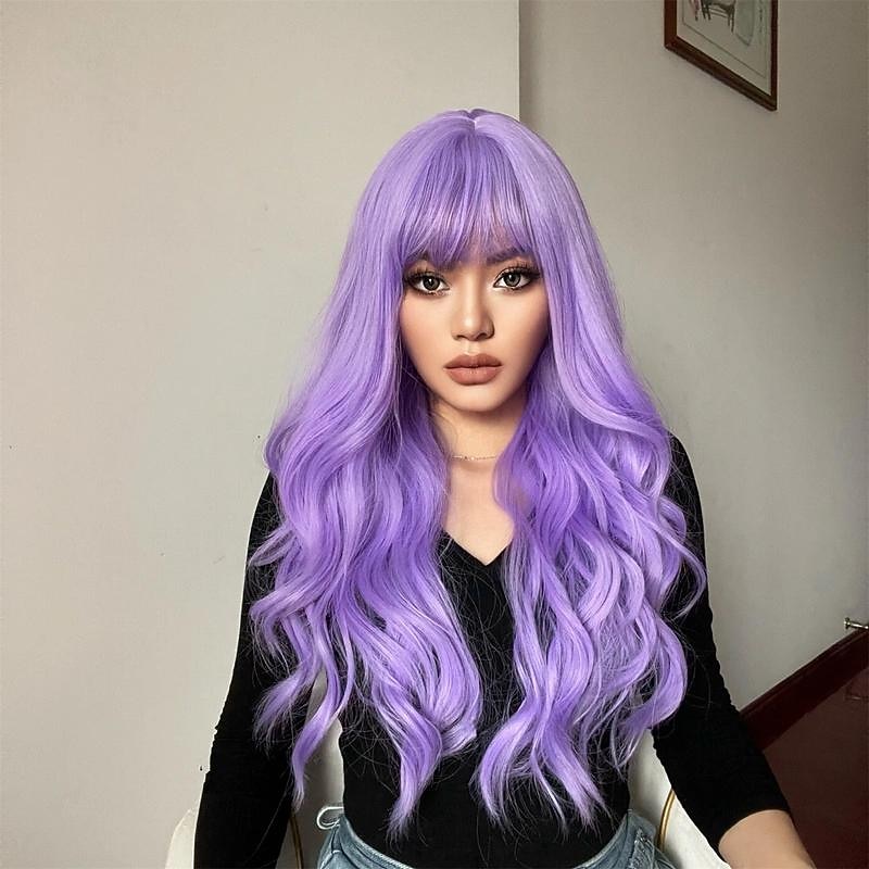 Purple Body Wave Synthetic Wigs With Bangs For Women Long Curly Hair For Cosplay Girls And Women Party Or Daily Use Wig3