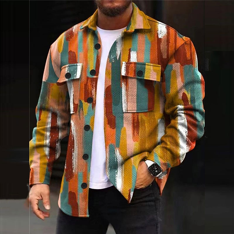 Men's Plaid Geometric Pattern Geometry Shirt Shirt Jacket Overshirt Long Sleeve Casual Outdoor Street Casual Daily Fall & Winter Turndown Buttons Pocket Print Yellow Blue Purple3