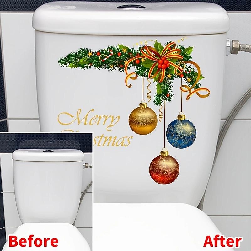 Christmas Wreath Christmas Ball Pattern Sticker, Toilet Lid Decorative Sticker, Toilet Lid Decal, Toilet Cover Sticker, Restroom Renovation Removable Stickers