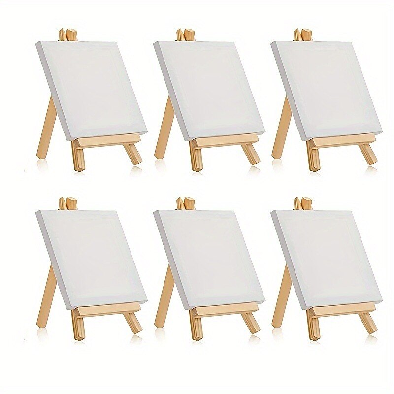 6 Pack Mini Canvas And Easel Set Mini Canvas Panels Mini Wood Easels Canvas Size Is 4 X 4 Easel Size Is 3.1 X 5.9 For Kids Painting Oil Painting And Diy Doodle4