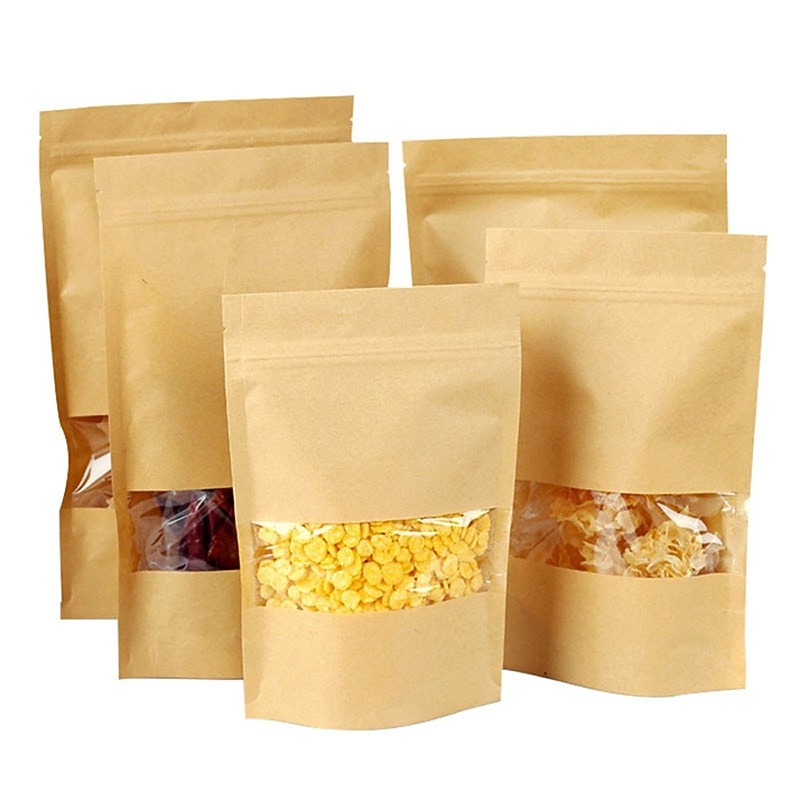 100pcs/lot Kraft Paper Bag Self Sealing Stand Up Bags With Transparent Window For Dried Food/Snack/Fruit/Tea/Gift Packaging4