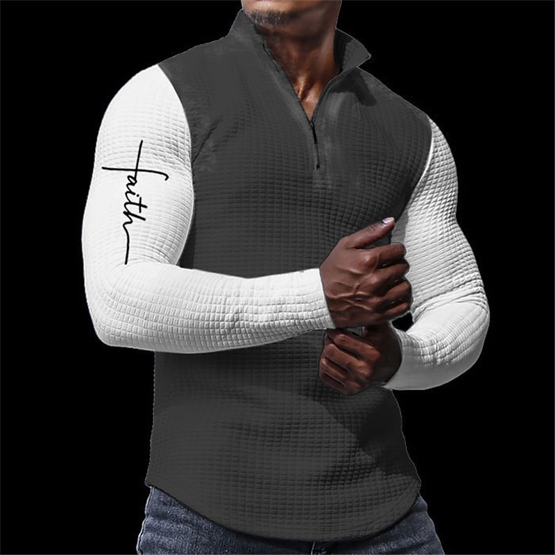 Men's Faith Waffle Polo Shirts Zip Polo Golf Polos Shirts Long Sleeve Polo Shirts Zip Casual Outdoor Casual Daily Streetwear 3D Print Fall & Winter Black White Dark Gray2