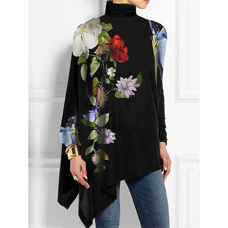 Women's T Shirt Floral Fashion Long Sleeve High Neck Long Tops Holiday Weekend Print Asymmetrical Black Yellow Red Blue Purple Spring &  Fall