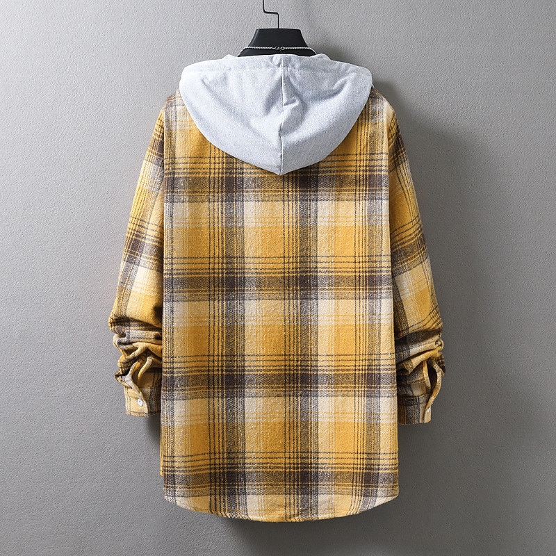 Men's Shirt Casual Shirt Plaid Shirt Button Up Shirt Overshirt Plaid / Check Outdoor Daily Wear Yellow Blue Orange Green Long Sleeve Hooded Fall & Winter Clothing Apparel Front Pocket3
