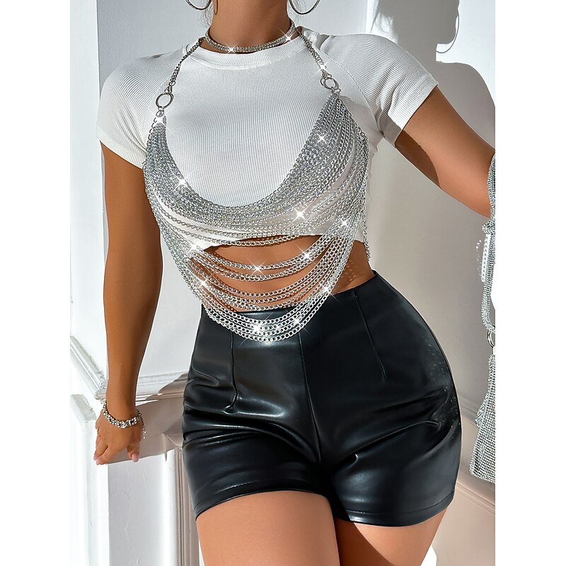 Metallic Backless Sparkle Camisole Body Chain Disco Deep V Fancy Dress Women's Party Club Adults' Top2