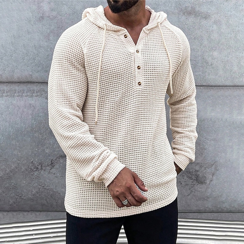 Men's Waffle Shirt T Shirt Henley Shirt Tee Top Long Sleeve Hooded Spring &  Fall Plain Fashion Designer Basic Knitted Vacation Street Going out Green khaki Beige Top Tee for Men