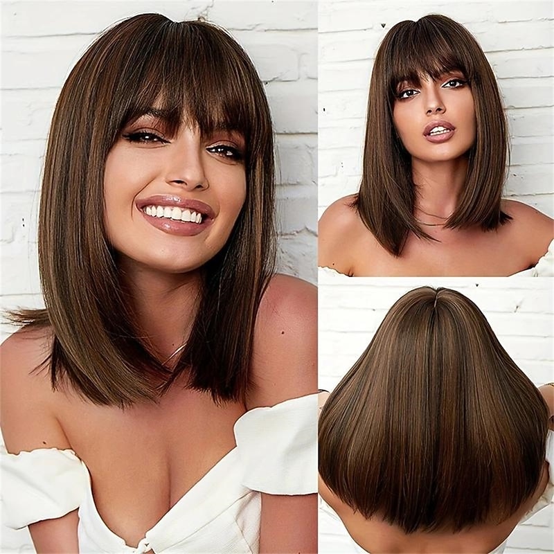 Brown Bob Wig With Air Bangs Shoulder Length Straight Wigs For Women Heat Resistant Fibre Synthetic Wig Natural Looking 14 Inch