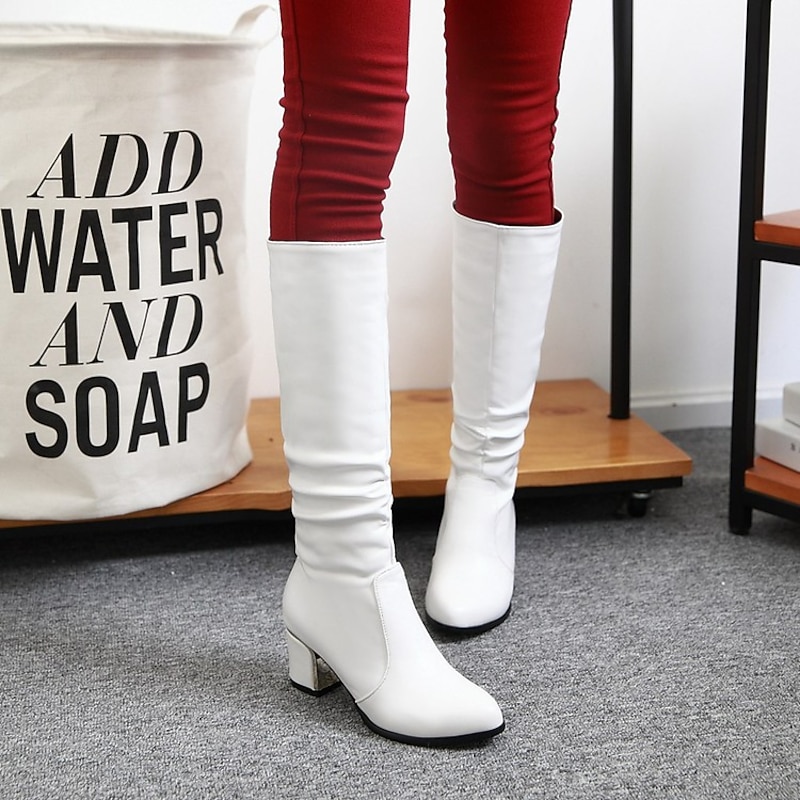 Women's White Mid-Calf Block Heel Boots with Retro Style and Ruched Design - Perfect for Winter Fashion and Daily Wear2