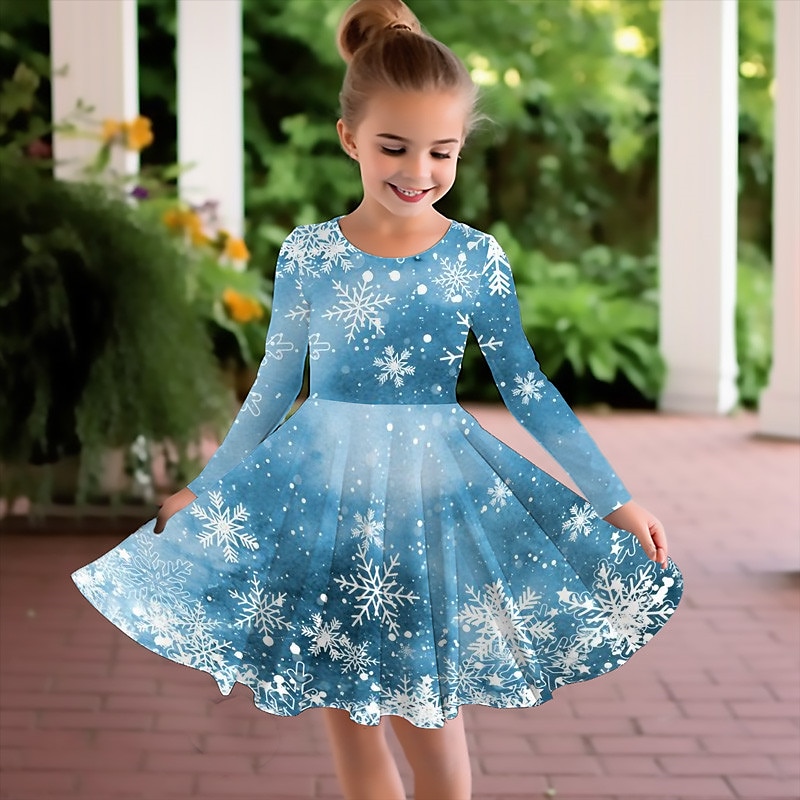 Girls' 3D Plaid Snowflake Dress Long Sleeve 3D Print Fall Winter Vacation Sports & Outdoor Daily Cute Casual Beautiful Kids 3-12 Years Casual Dress A Line Dress Above Knee Regular Fit3